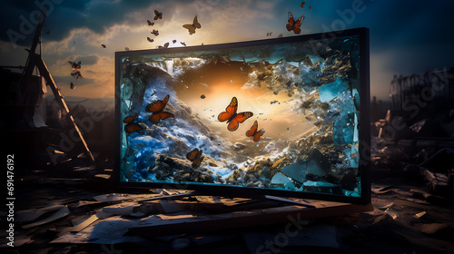 Ecran placé dans la nature montrant un paysage avec des papillons photo