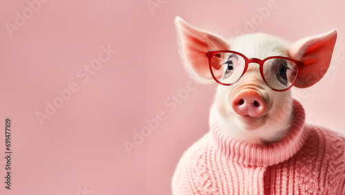 Cute cartoon anthropomorphic pig wears a pink sweater and glasses, web banner with copy space for text photo