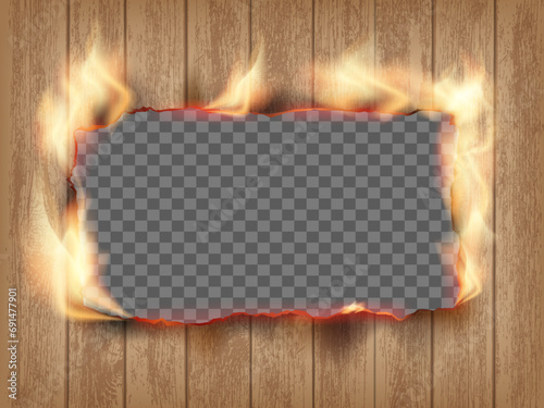 Wooden frame with burnt hole and fire center. Vector Mockup isolated on transparent background.
