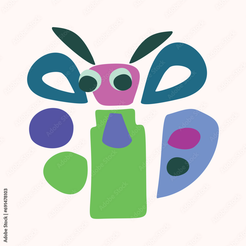 Quirky kids monster in folkart bold style. Vector graphic of funny playful doodle of bright creature for scandi illustration shape. 