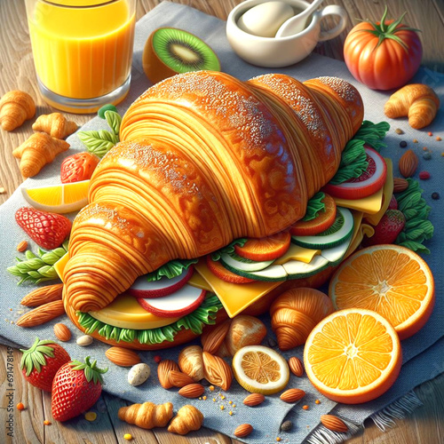 Croissant with sausage cheese filling and vegetable salad. on a wooden table