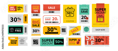 Discount coupon, gift voucher, tickets. Discount coupons set. Vector label template photo