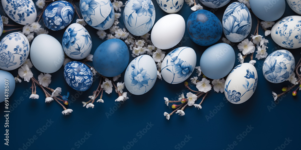 Blau-Weisse Ostereier im Stil chinesischer Blaumalerei bemalt | Perfekt als Banner für die Osterzeit - obrazy, fototapety, plakaty 