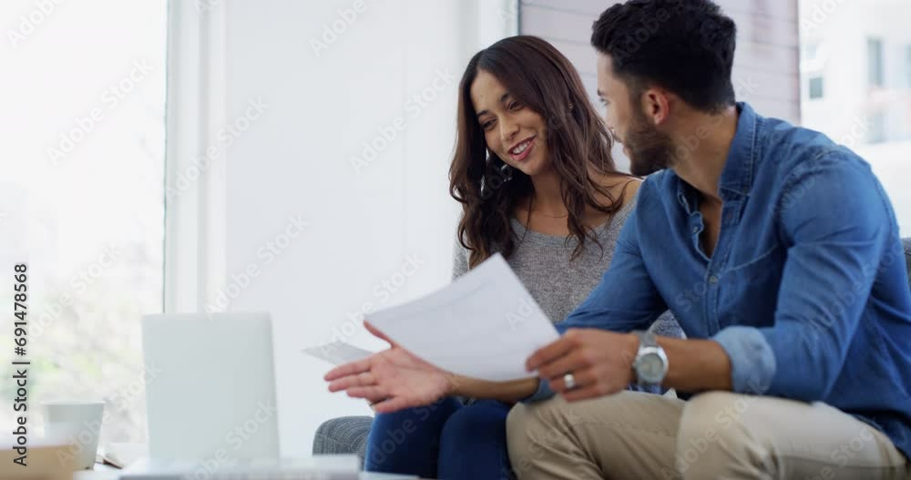 Laptop, paperwork and happy couple reading, communication and smile for online finance investment. Happiness, home and marriage partner speaking about tax break, payment discount or credit increase Laptop, paperwork and happy couple reading, communication and smile for online finance investment. Happiness, home and marriage partner speaking about tax break, payment discount or credit increase
