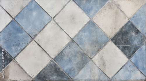Patterned blue and white tiles with wear. The concept symbolizes aged material texture.