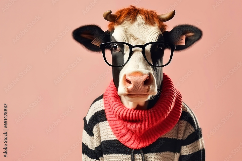 Cute cartoon anthropomorphic cow wears a black and white striped sweater, pink scarf and glasses, copy space for text Cute cartoon anthropomorphic cow wears a black and white striped sweater, pink scarf and glasses, copy space for text