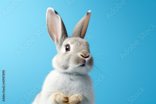 Friendly gray Easter bunny on a blue copy space background photo