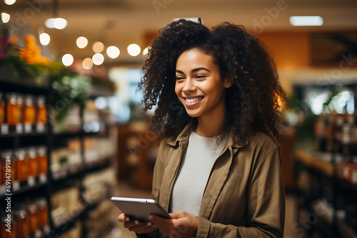 A woman of 35 age comparing products in a grocery store. She have a list. Try to find product from her list.