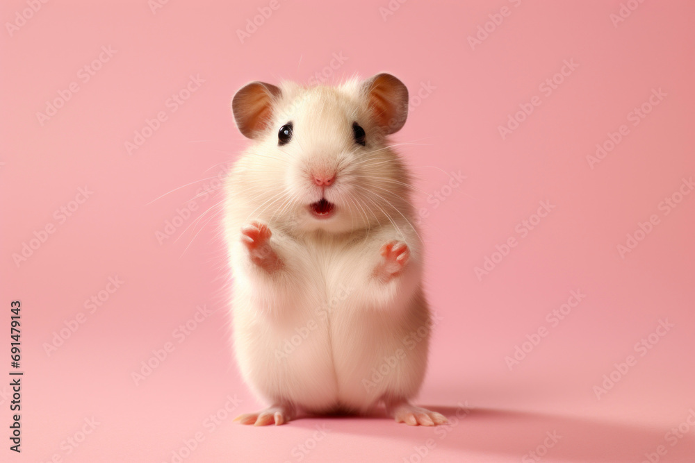 A pretty hamster looks sideways, pointing its paw upwards on a light pink background