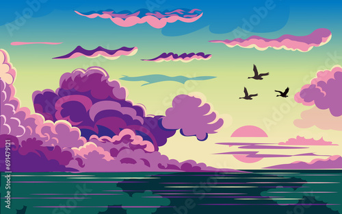 Cartoon dawn sky with pink and blue clouds.Beautiful cloudy landscape at sunset.Fluffy cumulus clouds flying over the sea.
