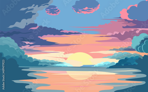 Cartoon dawn sky with pink and blue clouds.Beautiful cloudy landscape at sunset.Fluffy cumulus clouds flying over the sea. © gala