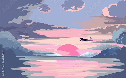 Cartoon dawn sky with pink and blue clouds.Beautiful cloudy landscape at sunset.Fluffy cumulus clouds flying over the sea. © gala