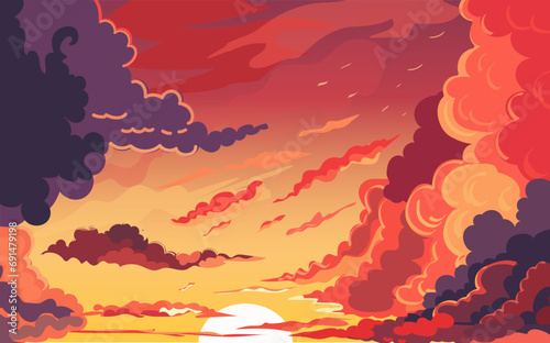 Cartoon dawn sky with pink and blue clouds.Beautiful cloudy landscape at sunset.Fluffy cumulus clouds flying over the sea.