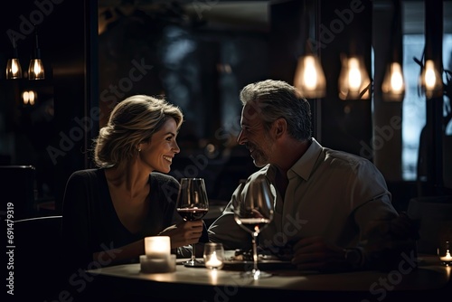 A romantic couple in a restaurant  sharing eye contact  wine  and candlelight dinner.