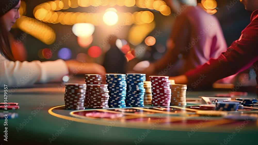 casino, gambling, poker, people and entertainment concept, close up of poker player with chips at green casino table sparkling lights on the background
