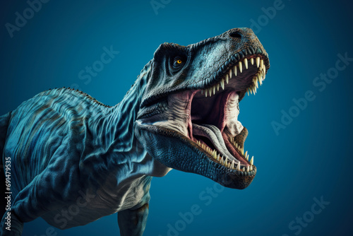 Tyrannosaurus Rex on a solid light blue background, roaring with eyes focused © Hanna Haradzetska