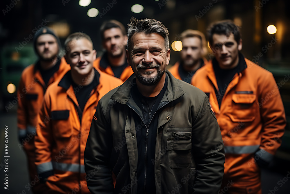 Portrait of a group. Workers standing in a row and smiling. They are happy to work. Portrait of a group. Workers standing in a row and smiling. They are happy to work.