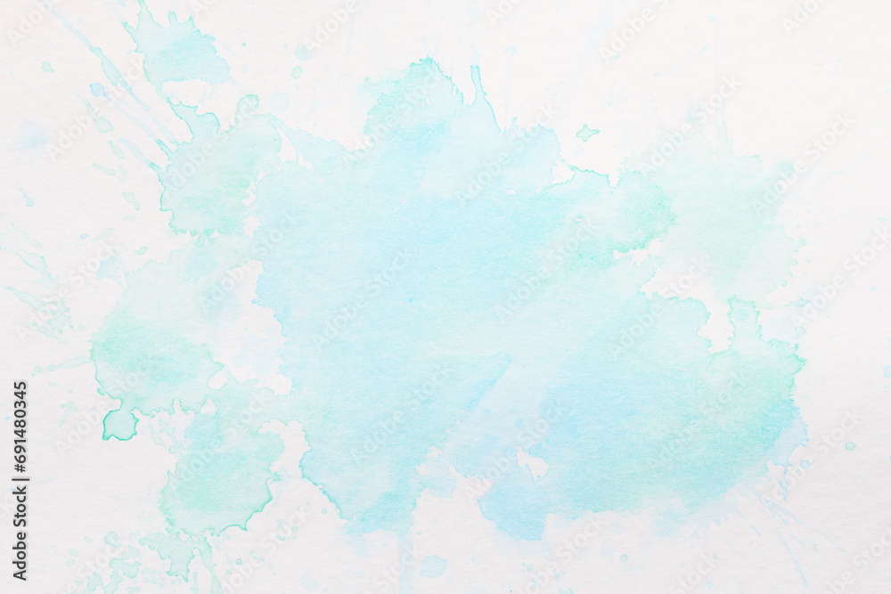 Abstract liquid art background. Blue watercolor translucent blots on white paper.