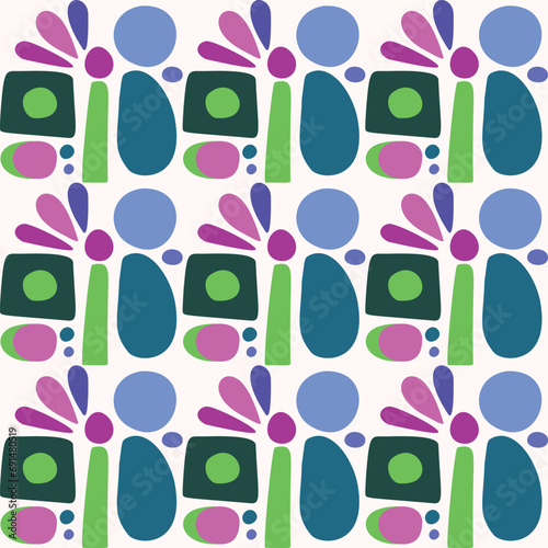 Colorful blob leaf for flat scandi style seamless vector kids pattern. Fun whimsical nature for boy baby wallpaper. Scandi block print bold funny print.