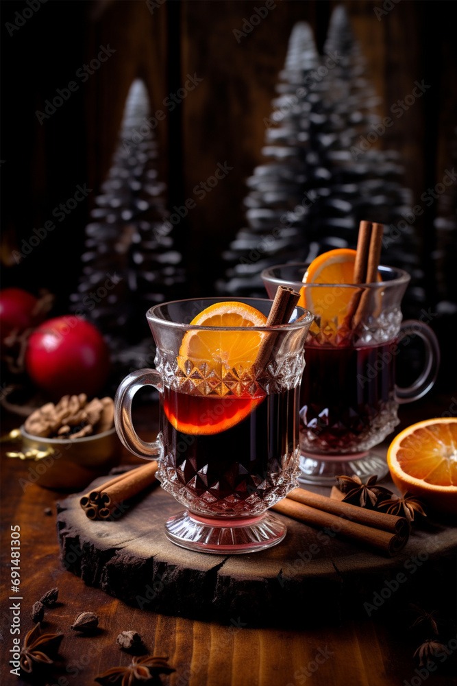 .Two glasses with mulled wine on the table, a traditional hot drink .Two glasses with mulled wine on the table, a traditional hot drink