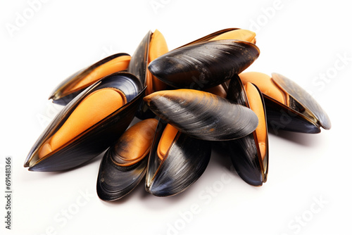Opened mussels isolated on white background