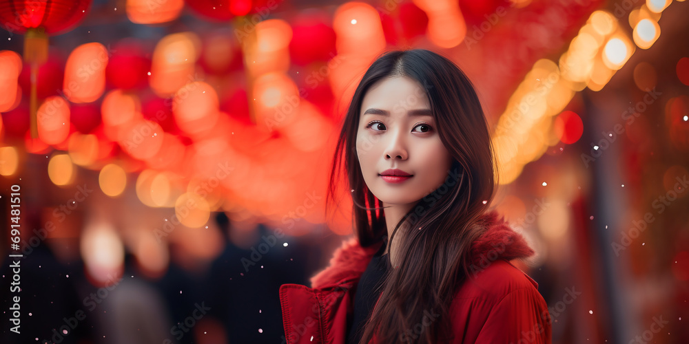 asian woman on blurred background of chinese new year fair. ai generative asian woman on blurred background of chinese new year fair. ai generative