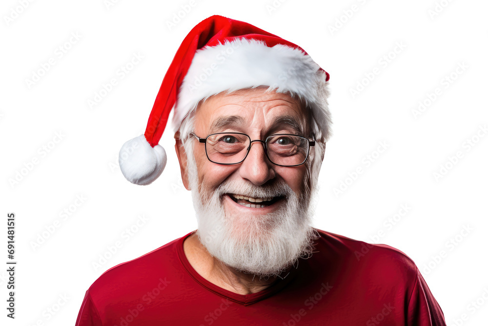 Studio portrait of an elderly man with a white beard smiling happily wearing a red Santa cap hat at Christmas isolated on transparent background. Studio portrait of an elderly man with a white beard smiling happily wearing a red Santa cap hat at Christmas isolated on transparent background.
