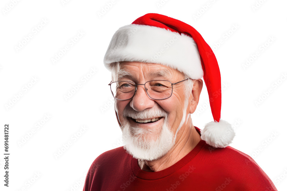 Studio portrait of an elderly man with a white beard smiling happily wearing a red Santa cap hat at Christmas isolated on transparent background. Studio portrait of an elderly man with a white beard smiling happily wearing a red Santa cap hat at Christmas isolated on transparent background.