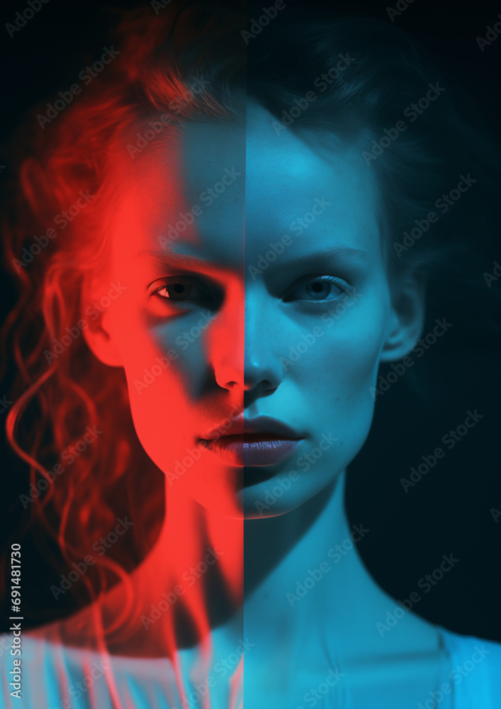 A woman in red and blue