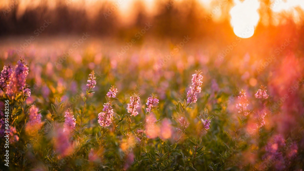 Heather field, spring flowers on a green meadow with contoured sunlight, beautiful wallpaper with bokeh, springtime