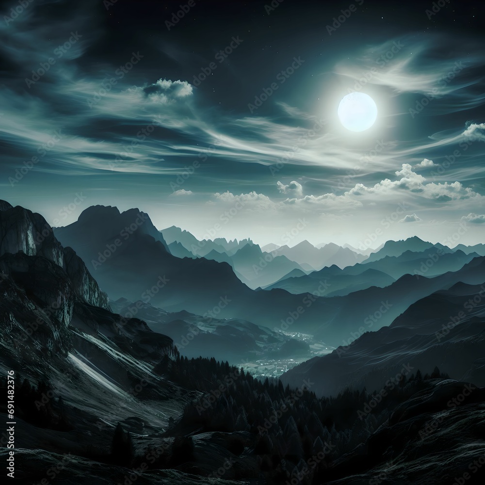 Moonlight dramatically depicts dark mountains and sky