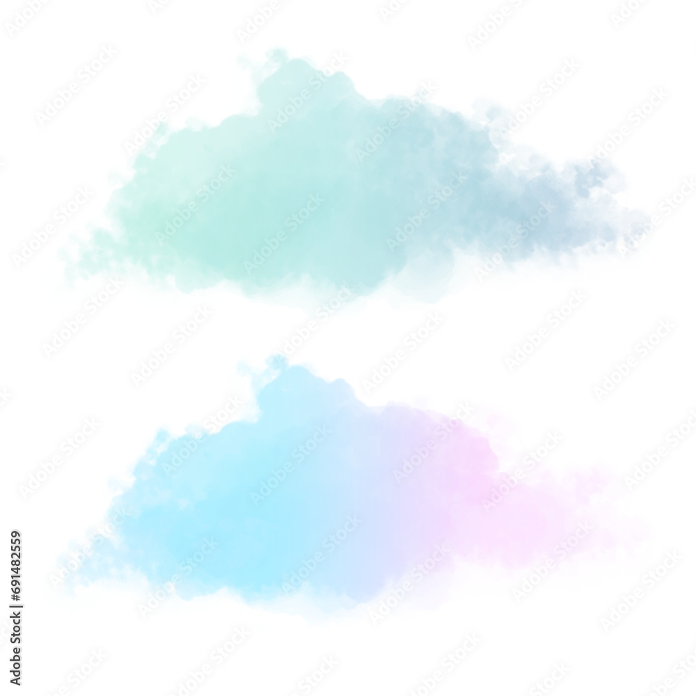 Fototapeta premium Blue Watercolor Stains. Delicate Abstract Watercolor Splatter. Mint Blue and Blue-Pink Paint Stains. No Background. Gradient Irregular Stains and Splatter Print. Colorful Smoke.