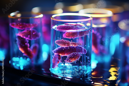 fungi and microbes in a glass flask illuminated by neon lights in a secret laboratory photo