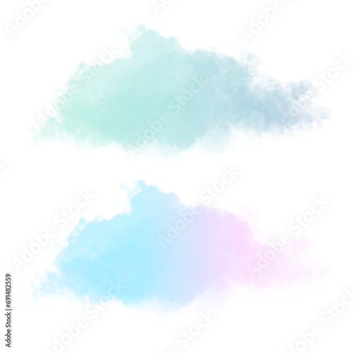 Blue Watercolor Stains. Delicate Abstract Watercolor Splatter. Mint Blue and Blue-Pink Paint Stains. No Background. Gradient Irregular Stains and Splatter Print. Colorful Smoke.