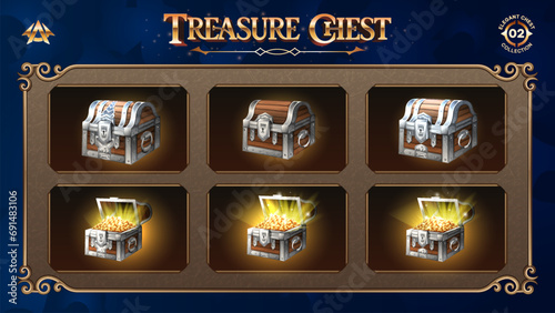 Open and Closed Treasure Chests Collection With Gold coin-From Basic to Upgraded Levels for RPG, Fantasy, and Medieval Games-Vector illustration Design