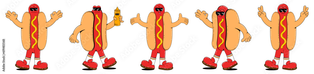 Set of hot dogs characters in retro cartoon style. Fast food mascot vector illustration. Set of hot dogs characters in retro cartoon style. Fast food mascot vector illustration.