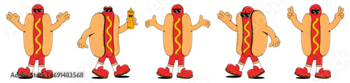 Set of hot dogs characters in retro cartoon style. Fast food mascot vector illustration.