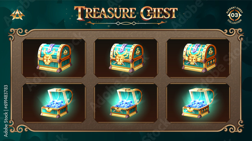 Open and Closed Treasure Chests Collection With Blue Diamond-From Basic to Upgraded Levels for RPG, Fantasy, and Medieval Games-Vector illustration Design
