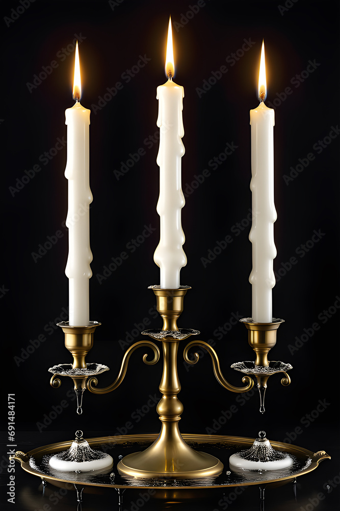 Vintage brass candelabra with three burning candles with dripping wax on a black vertical background. photo platform AI platform.