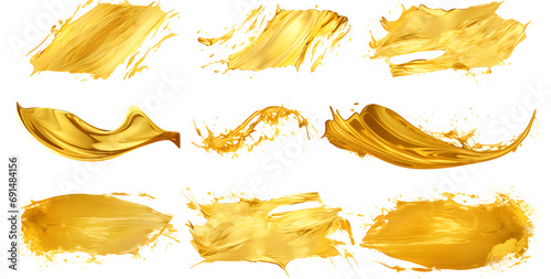 Gold brush stroke pack. Gold splash set isolated on white background photo
