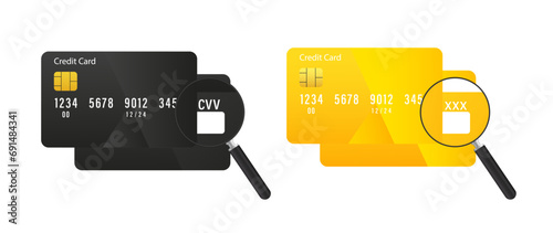 CVV bank card under the magnifying glass. Payment sign business concept. Vector illustration