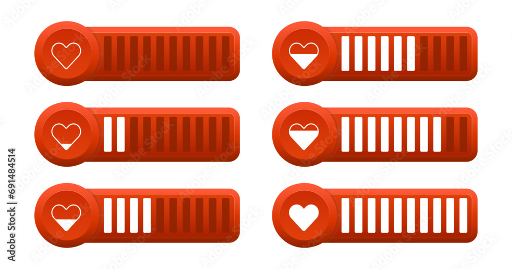 Meters with Heart Shapes for Love Meter, Health Points in Computer Game, Stamina, Blood Pressure, Cardio Concepts. Passion measuring indicator. Heart symbol. Vector illustration - obrazy, fototapety, plakaty 