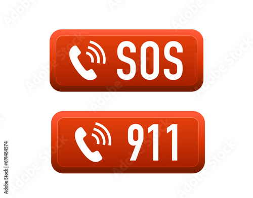 Sos red round flat isolated push button. SOS marker, sign, icon, label. Calling for help. Emergency phone icon. 911 call. Vector illustration