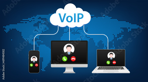 VoIP voice over IP illustration smartphone laptop network. Voip call flat concept design. Voice over ip internet video telephony data cloud laptop and mobile cellphone. Vector illustration