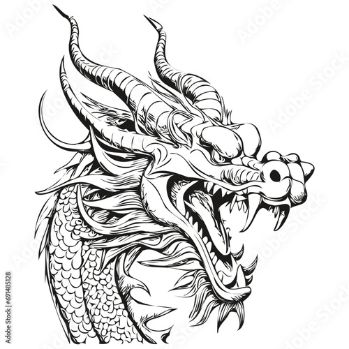 Illustrated Year Symbol Dragon Sketch for 2024 Celebration, isolated Vector ink outlines template for greeting card, poster, invitation, logo