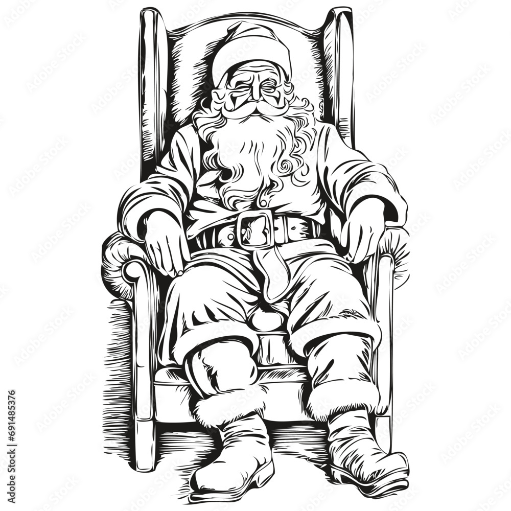 Fototapeta premium Santa Claus sits in a chair Isolated Logo Christmas Sketch in Ink with Detailed Outlines and Vintage Style, black white isolated Vector ink outlines template for greeting card