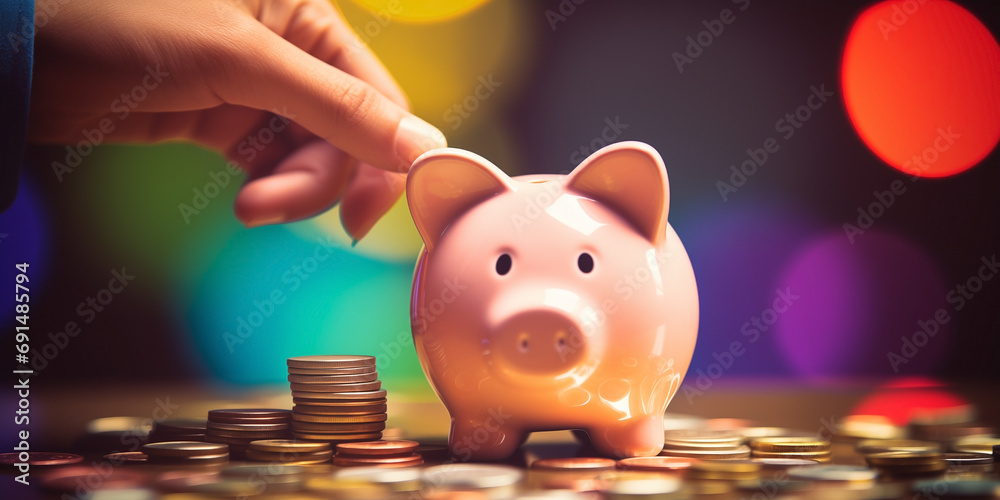 Hand placing money into a piggy bank. Concept of family savings and how to invest in the future with financial education. - obrazy, fototapety, plakaty 