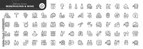 Set of line icons in linear style. Set - Wine and winemaking. Making wine from grapes. Bottled red and white wine and wine barrel. Outline icon collection. Pictogram and infographic. Editable stroke.