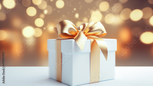 White gift box with a golden bow on a light background with bokeh, AI Generated