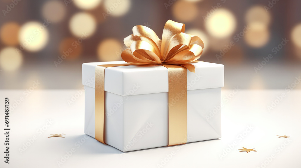 White gift box realistic with a golden ribbon on a bokeh background White gift box realistic with a golden ribbon on a bokeh background